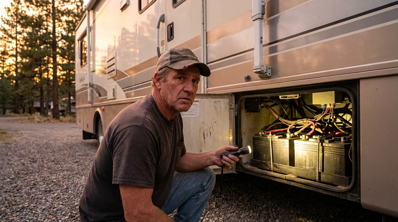 A frustrated RV owner inspecting a battery disconnect switch that has stopped working