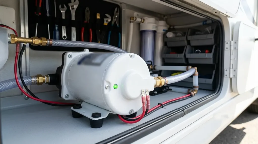 An RV water pump running continuously inside the utility compartment.