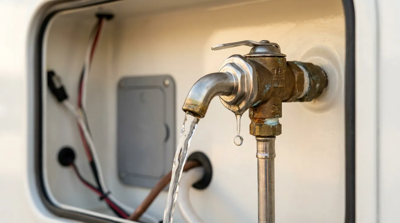 Close-up of a leaking RV water heater pressure relief valve dripping water.