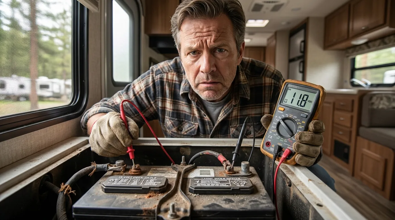 RV owner checking a weak battery before a trip