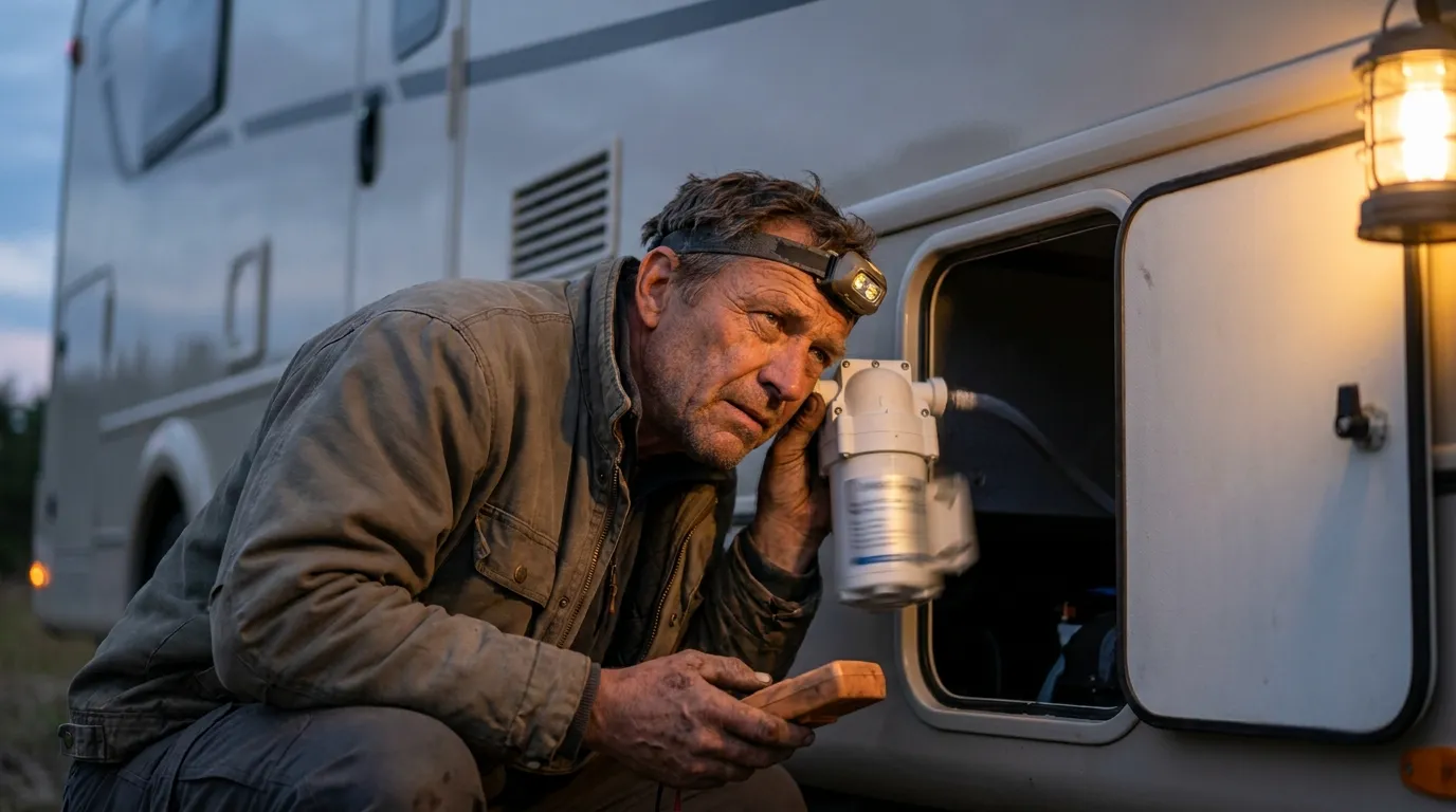 RV owner inspecting a constantly running water pump outside the vehicle