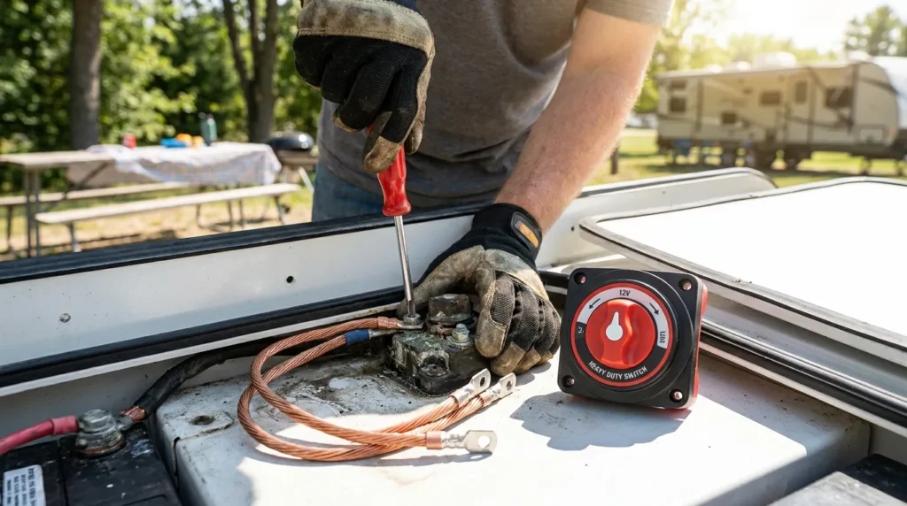 Replacing a faulty RV battery disconnect switch with a new heavy-duty unit.
