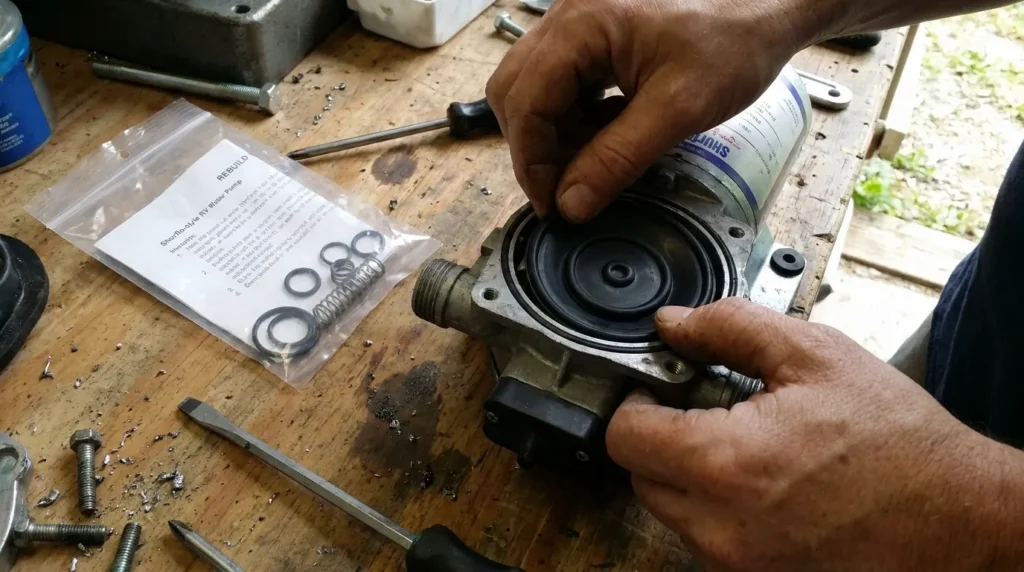 Replacing a worn diaphragm inside an RV water pump rebuild kit.